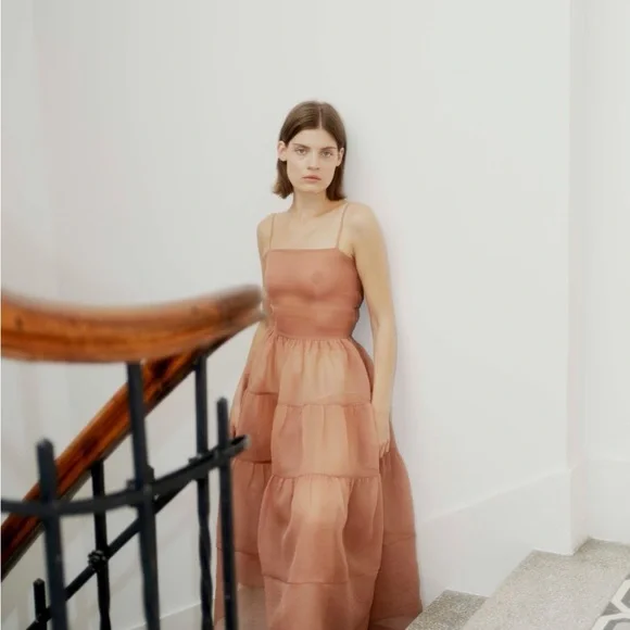 Anthropologie OhSevenDays Sheer Beige Tiered Midi Dress reversible Lucille Dress - Picture 6 of 10